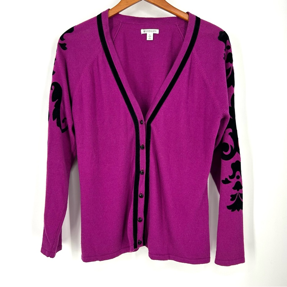 Vintage Y2K Cardigan Spanner Large Soft Wool Velvet Trim Magenta Pink 2000s